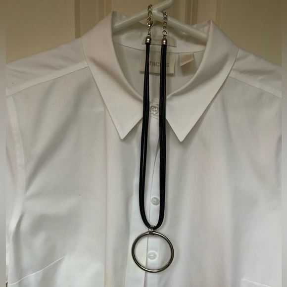 Adjustable trendy silver-coloured circle necklace on double black leather cord. - Picture 1 of 3